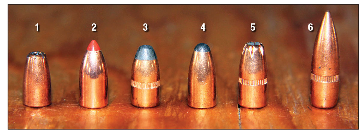 Bullets used for testing included: (1) Midsouth Shooters Supply 34-grain Varmint Nightmare Xtreme, (2) Hornady 35-grain V-MAX, (3) Armscor 40-grain hollowpoint, (4) Sierra 40-Grain Varminter Hornet softpoint and (5) Hornady 45-grain flatpoint hollowpoint Bee and (6) the FMJ 55-grain shown for comparison.